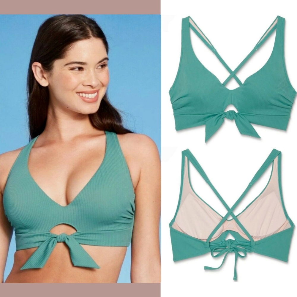 NWT Shade & Shore [ 36B ] Ribbed Tie-Front Bralette Bikini‎ Top Sea Green
